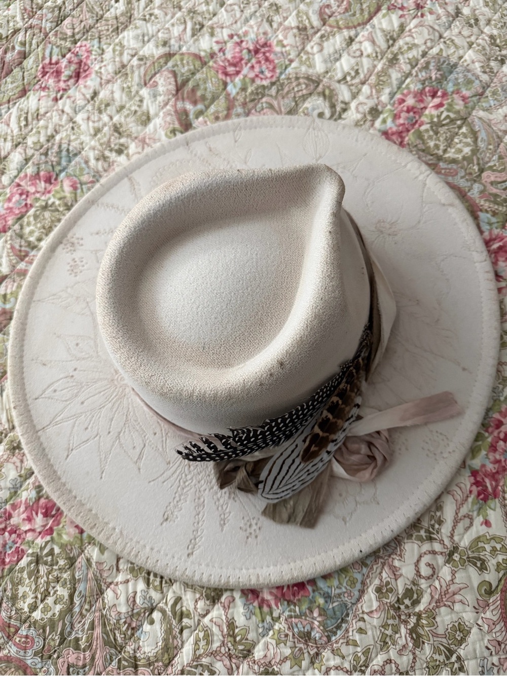 Cream Felt Wide-Brim Fedora with Feather Trim
